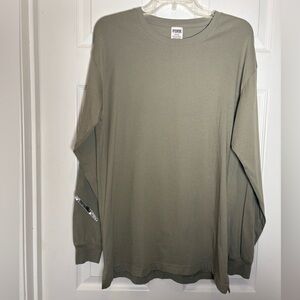 PINK Victoria's Secret Olive Green Long Sleeve Tee with Sequin Pink on Sleeve M